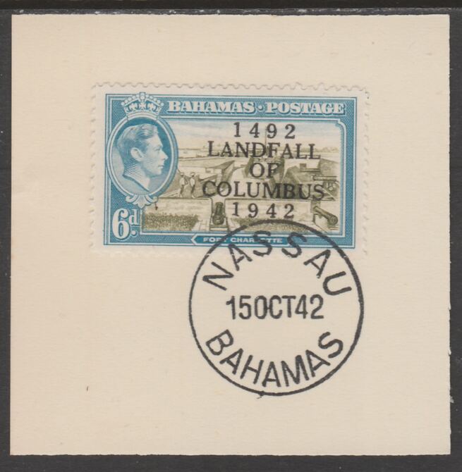 Bahamas 1942 KG6 Landfall of Columbus 6d on individual piece cancelled with full strike of Madame Joseph forged postmark type 37, stamps on , stamps on  stamps on , stamps on  stamps on  kg6 , stamps on  stamps on forgeries.columbus