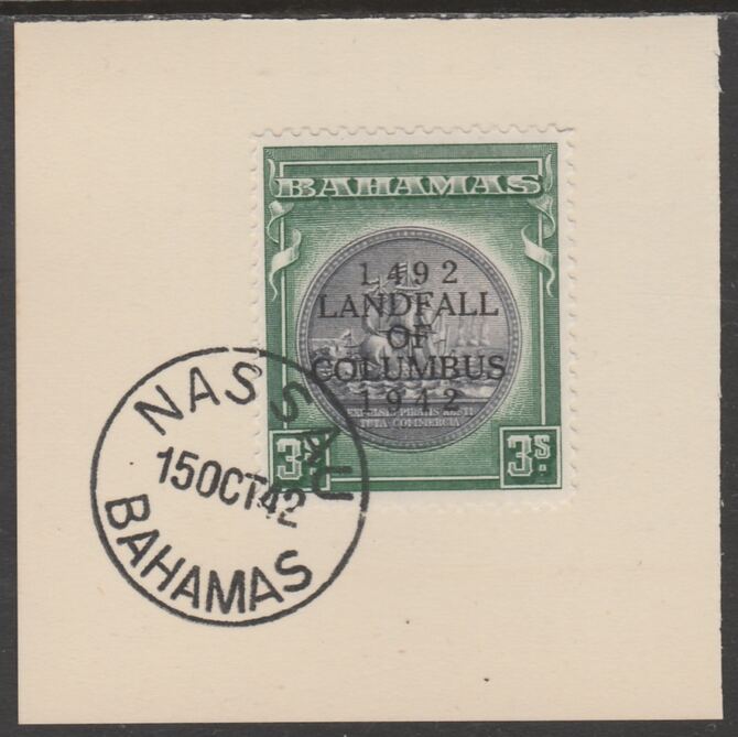 Bahamas 1942 KG6 Landfall of Columbus 3s on individual piece cancelled with full strike of Madame Joseph forged postmark type 37, stamps on , stamps on  stamps on , stamps on  stamps on  kg6 , stamps on  stamps on forgeries.columbus