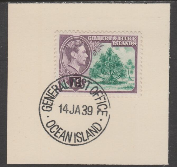 Gilbert & Ellice Islands 1939 KG6 definitive 1d Pandanus Pine Tree on piece cancelled with full strike of Madame Joseph forged postmark type 191, stamps on , stamps on  kg6 , stamps on forgeries, stamps on trees