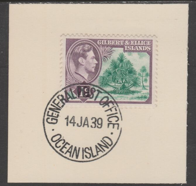 Gilbert & Ellice Islands 1939 KG6 definitive 1d Pandanus Pine Tree on piece cancelled with full strike of Madame Joseph forged postmark type 191, stamps on , stamps on  stamps on , stamps on  stamps on  kg6 , stamps on  stamps on forgeries, stamps on  stamps on trees