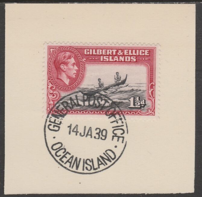 Gilbert & Ellice Islands 1939 KG6 definitive 1.5d Canoe on piece cancelled with full strike of Madame Joseph forged postmark type 191, stamps on , stamps on  kg6 , stamps on forgeries, stamps on canoes