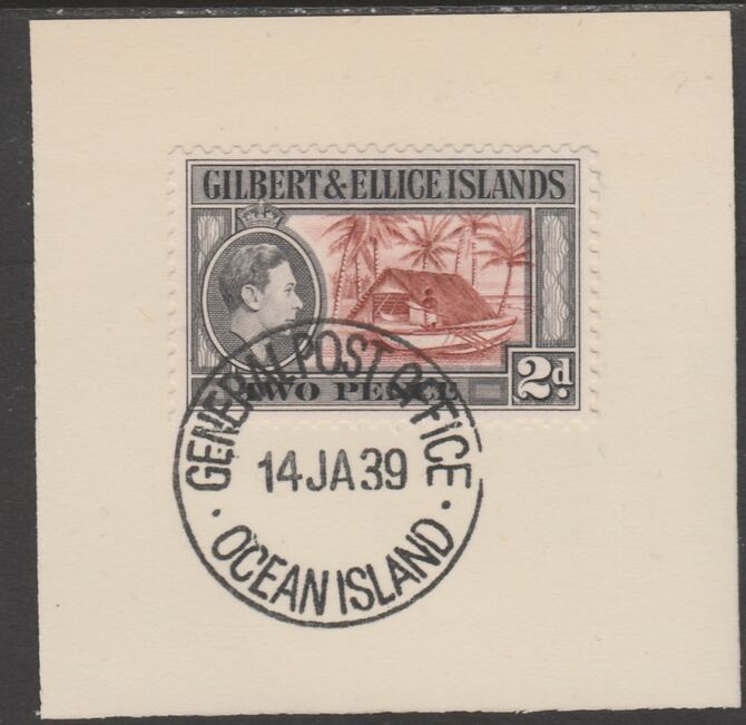Gilbert & Ellice Islands 1939 KG6 definitive 2d Canoe on piece cancelled with full strike of Madame Joseph forged postmark type 191, stamps on , stamps on  kg6 , stamps on forgeries, stamps on canoes