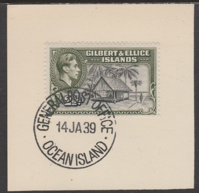 Gilbert & Ellice Islands 1939 KG6 definitive 2.5d Native House on piece cancelled with full strike of Madame Joseph forged postmark type 191, stamps on , stamps on  stamps on , stamps on  stamps on  kg6 , stamps on  stamps on forgeries, stamps on  stamps on 