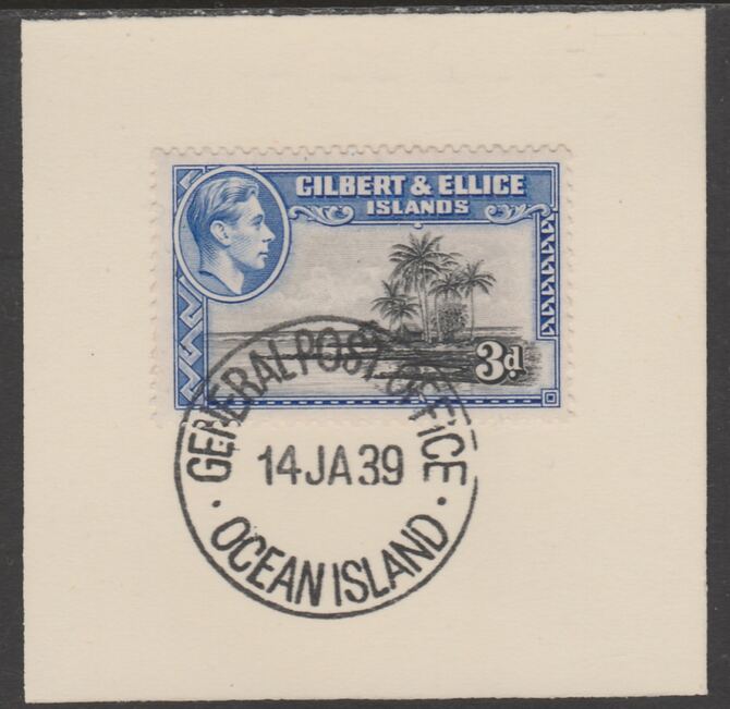 Gilbert & Ellice Islands 1939 KG6 definitive 3d Seascape on piece cancelled with full strike of Madame Joseph forged postmark type 191, stamps on , stamps on  stamps on , stamps on  stamps on  kg6 , stamps on  stamps on forgeries, stamps on  stamps on 