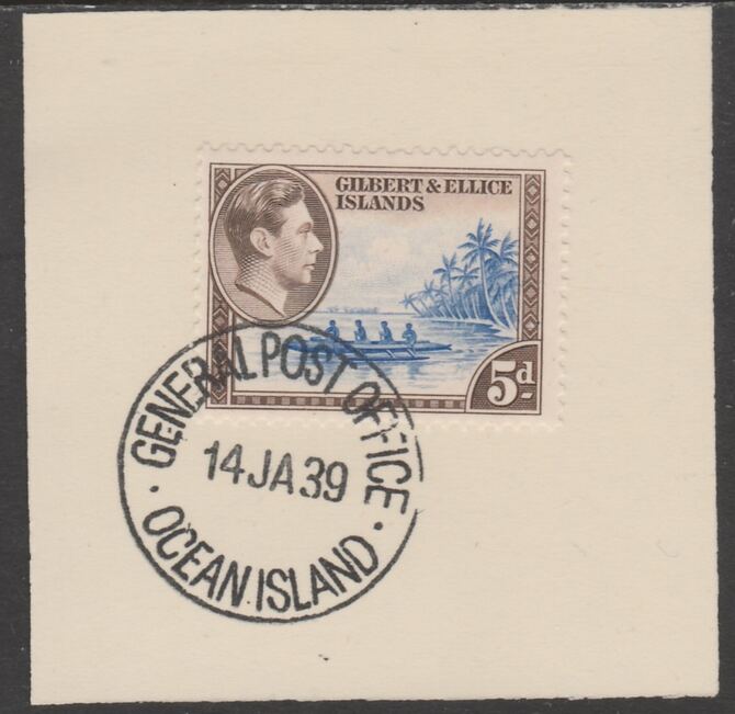 Gilbert & Ellice Islands 1939 KG6 definitive 5d Canoe on piece cancelled with full strike of Madame Joseph forged postmark type 191, stamps on , stamps on  kg6 , stamps on forgeries, stamps on canoes