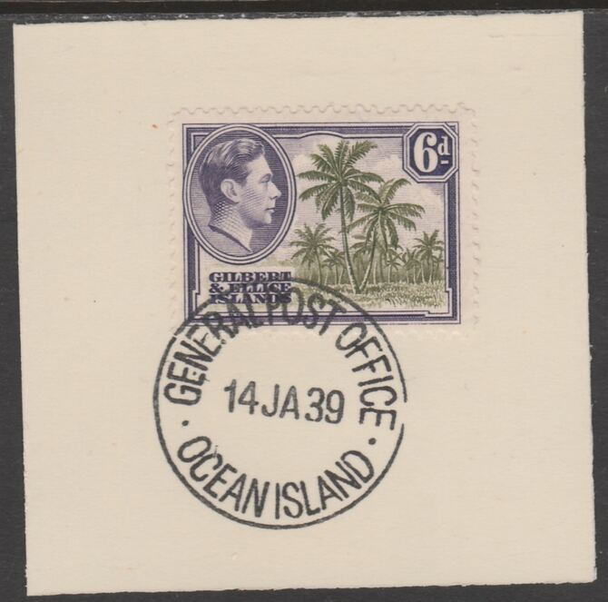 Gilbert & Ellice Islands 1939 KG6 definitive 6d Coconut Palms on piece cancelled with full strike of Madame Joseph forged postmark type 191, stamps on , stamps on  kg6 , stamps on forgeries, stamps on trees