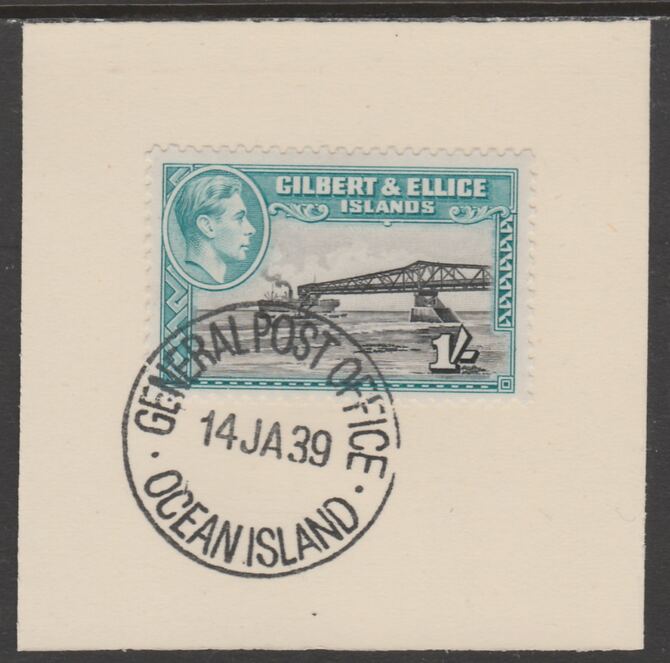 Gilbert & Ellice Islands 1939 KG6 definitive 1s Cantilever Jetty on piece cancelled with full strike of Madame Joseph forged postmark type 191, stamps on , stamps on  kg6 , stamps on forgeries, stamps on bridges