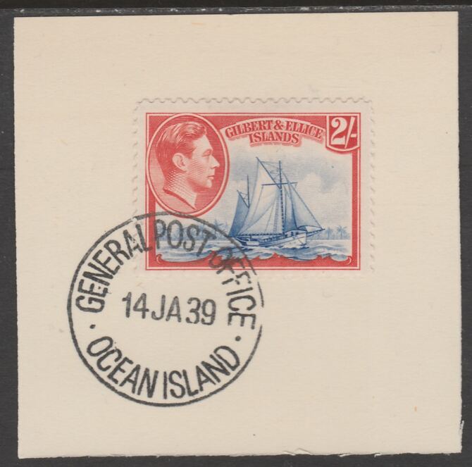 Gilbert & Ellice Islands 1939 KG6 definitive 2s HMCS Nimanoa on piece cancelled with full strike of Madame Joseph forged postmark type 191, stamps on , stamps on  kg6 , stamps on forgeries, stamps on ships