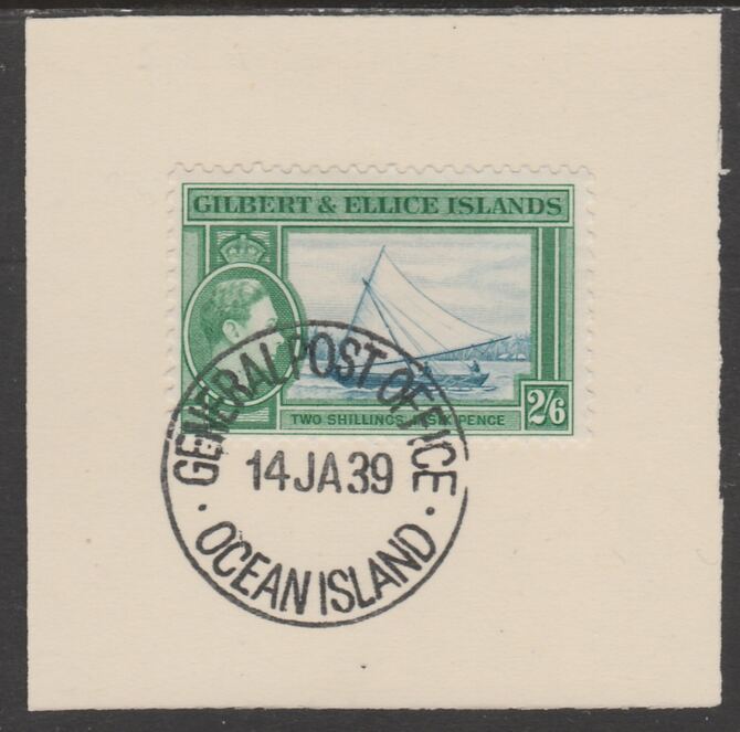 Gilbert & Ellice Islands 1939 KG6 definitive 2s6d Canoe on piece cancelled with full strike of Madame Joseph forged postmark type 191, stamps on , stamps on  kg6 , stamps on forgeries, stamps on canoes