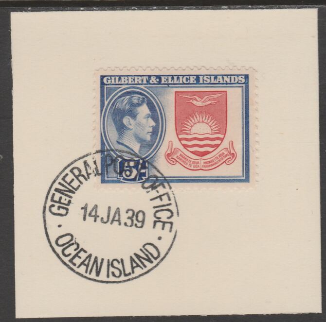 Gilbert & Ellice Islands 1939 KG6 definitive 5s Coat of Arms on piece cancelled with full strike of Madame Joseph forged postmark type 191, stamps on , stamps on  stamps on , stamps on  stamps on  kg6 , stamps on  stamps on forgeries, stamps on  stamps on arms