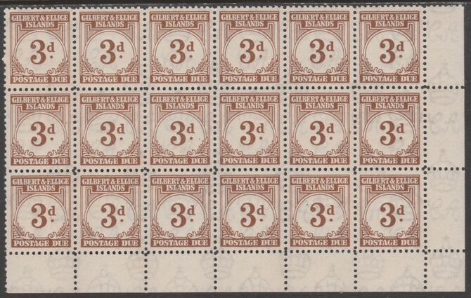 Gilbert & Ellice Islands 1940 Postage Due 3d brown in an impressive  lower right corner block of 18 (6x3) unmounted mint with clean white gum. SG D3 cat Â£324 as mint singles. A few split perfs, stamps on , stamps on  stamps on 