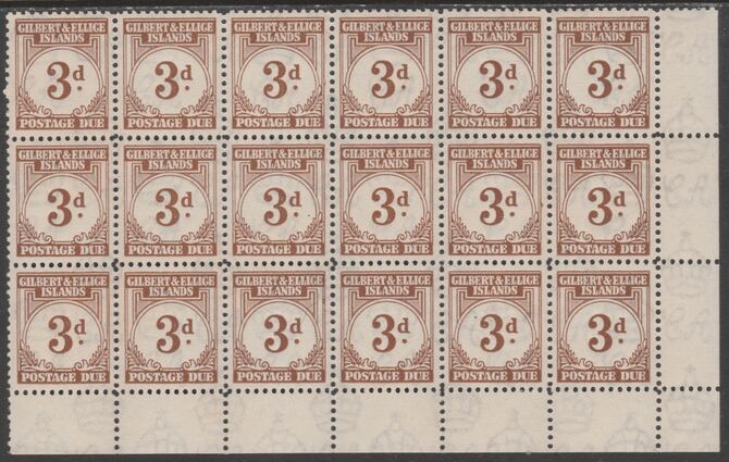Gilbert & Ellice Islands 1940 Postage Due 3d brown in an impressive  lower right corner block of 18 (6x3) unmounted mint with clean white gum. SG D3 cat £324 as mint sin..., stamps on 