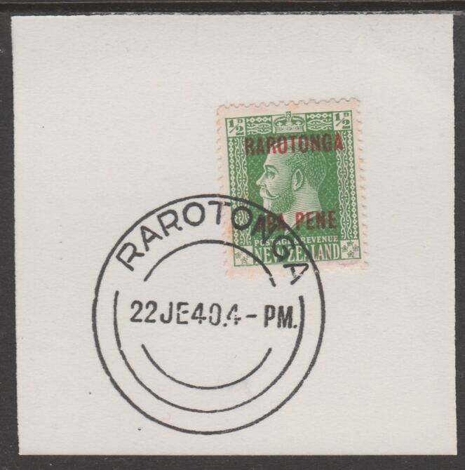 Cook Islands 1919  NZ KG5 1/2d opt'd Rarotonga on piece cancelled with full strike of Madame Joseph forged postmark type 127, stamps on , stamps on  stamps on , stamps on  stamps on  kg5 , stamps on  stamps on forgeries