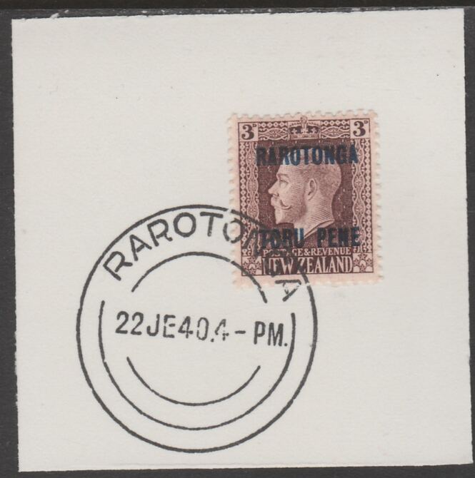 Cook Islands 1919  NZ KG5 3d (diag shading) opt'd Rarotonga on piece cancelled with full strike of Madame Joseph forged postmark type 127, stamps on , stamps on  stamps on , stamps on  stamps on  kg5 , stamps on  stamps on forgeries