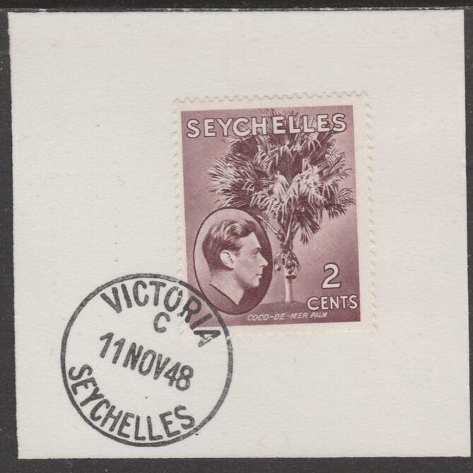 Seychelles 1938 KG6 2c purple-brown on piece cancelled with full strike of Madame Joseph forged postmark type 389, stamps on , stamps on  kg6 , stamps on forgeries