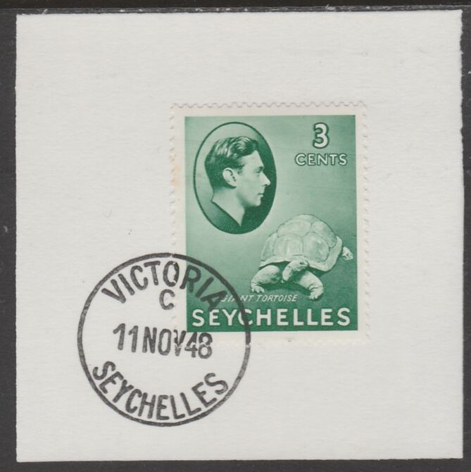 Seychelles 1938 KG6 3c green on piece cancelled with full strike of Madame Joseph forged postmark type 389, stamps on , stamps on  kg6 , stamps on forgeries, stamps on tortoise