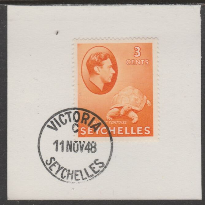 Seychelles 1938 KG6 3c orange on piece cancelled with full strike of Madame Joseph forged postmark type 389, stamps on , stamps on  stamps on , stamps on  stamps on  kg6 , stamps on  stamps on forgeries, stamps on  stamps on tortoise