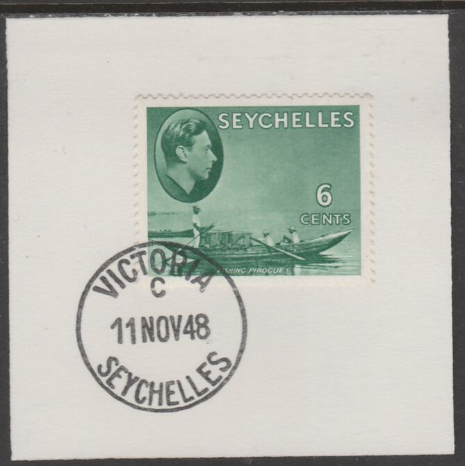 Seychelles 1938 KG6 6c green on piece cancelled with full strike of Madame Joseph forged postmark type 389, stamps on , stamps on  stamps on , stamps on  stamps on  kg6 , stamps on  stamps on forgeries, stamps on  stamps on 