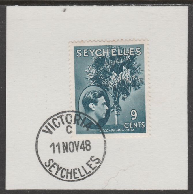 Seychelles 1938 KG6 9c dull blue on piece cancelled with full strike of Madame Joseph forged postmark type 389, stamps on , stamps on  stamps on , stamps on  stamps on  kg6 , stamps on  stamps on forgeries, stamps on  stamps on 