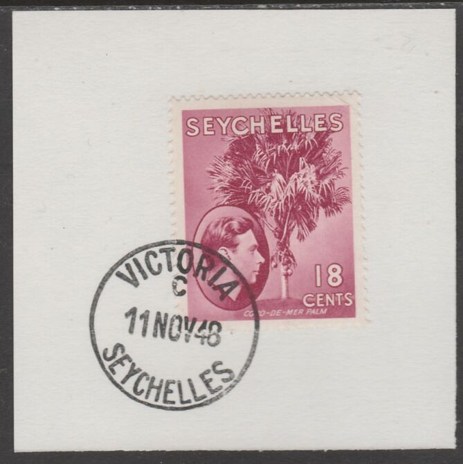 Seychelles 1938 KG6 18c carmine on piece cancelled with full strike of Madame Joseph forged postmark type 389, stamps on , stamps on  stamps on , stamps on  stamps on  kg6 , stamps on  stamps on forgeries, stamps on  stamps on 