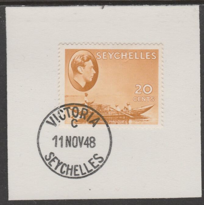 Seychelles 1938 KG6 20c ochre on piece cancelled with full strike of Madame Joseph forged postmark type 389, stamps on , stamps on  kg6 , stamps on forgeries, stamps on 