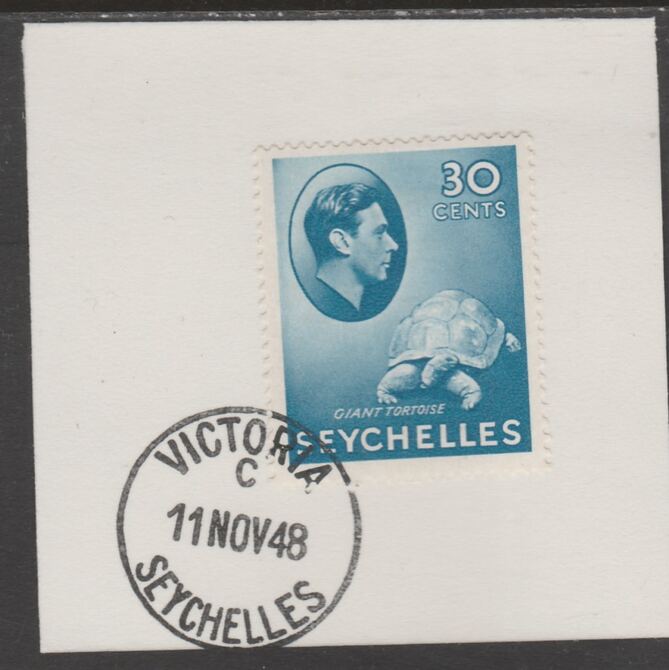 Seychelles 1938 KG6 30c blue on piece cancelled with full strike of Madame Joseph forged postmark type 389, stamps on , stamps on  stamps on , stamps on  stamps on  kg6 , stamps on  stamps on forgeries, stamps on  stamps on tortoise