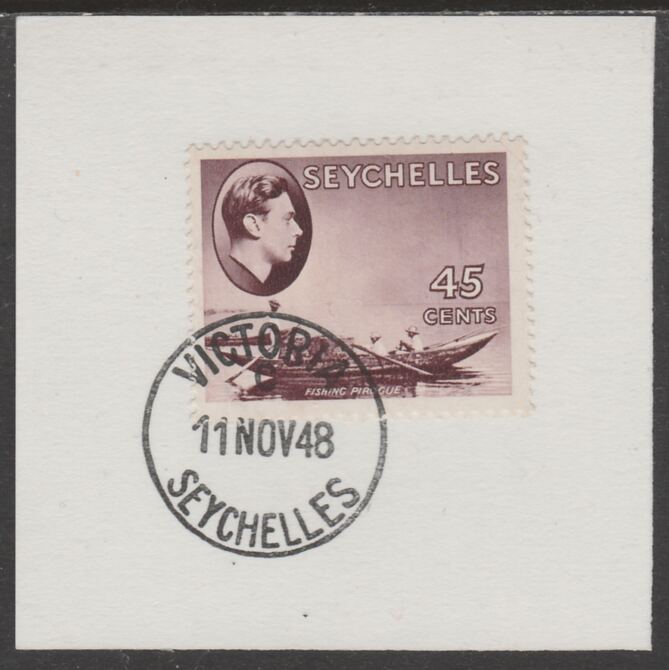 Seychelles 1938 KG6 45c chocolate on piece cancelled with full strike of Madame Joseph forged postmark type 389, stamps on , stamps on  stamps on , stamps on  stamps on  kg6 , stamps on  stamps on forgeries, stamps on  stamps on 
