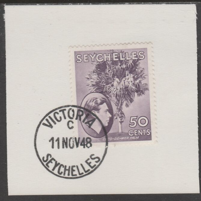 Seychelles 1938 KG6 50c violet on piece cancelled with full strike of Madame Joseph forged postmark type 389, stamps on , stamps on  stamps on , stamps on  stamps on  kg6 , stamps on  stamps on forgeries, stamps on  stamps on 