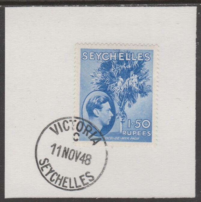 Seychelles 1938 KG6 1r50 ultramarine on piece cancelled with full strike of Madame Joseph forged postmark type 389, stamps on , stamps on  stamps on , stamps on  stamps on  kg6 , stamps on  stamps on forgeries, stamps on  stamps on 