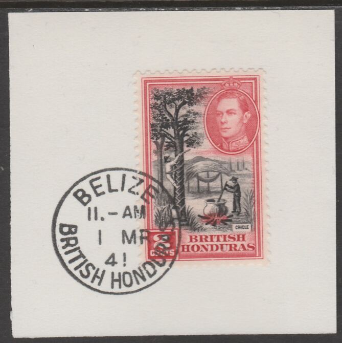 British Honduras 1938 KG6 2c pictorial def on piece cancelled with full strike of Madame Joseph forged postmark type 77, stamps on , stamps on  stamps on , stamps on  stamps on  kg6 , stamps on  stamps on forgeries
