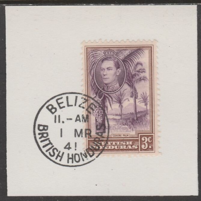 British Honduras 1938 KG6 3c pictorial def on piece cancelled with full strike of Madame Joseph forged postmark type 77, stamps on , stamps on  stamps on , stamps on  stamps on  kg6 , stamps on  stamps on forgeries