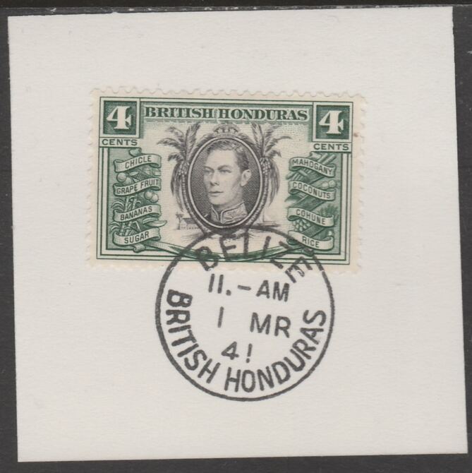 British Honduras 1938 KG6 4c pictorial def on piece cancelled with full strike of Madame Joseph forged postmark type 77, stamps on , stamps on  kg6 , stamps on forgeries