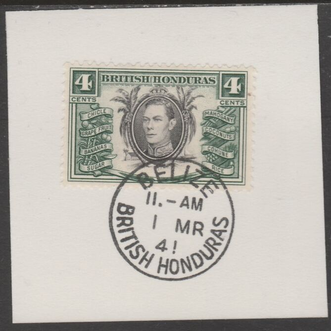 British Honduras 1938 KG6 4c pictorial def on piece cancelled with full strike of Madame Joseph forged postmark type 77, stamps on , stamps on  stamps on , stamps on  stamps on  kg6 , stamps on  stamps on forgeries