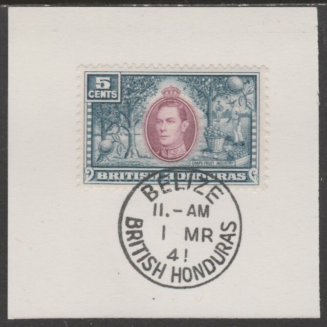 British Honduras 1938 KG6 5c pictorial def on piece cancelled with full strike of Madame Joseph forged postmark type 77, stamps on , stamps on  stamps on , stamps on  stamps on  kg6 , stamps on  stamps on forgeries