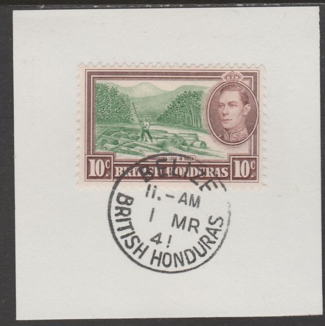 British Honduras 1938 KG6 10c pictorial def on piece cancelled with full strike of Madame Joseph forged postmark type 77, stamps on , stamps on  stamps on , stamps on  stamps on  kg6 , stamps on  stamps on forgeries