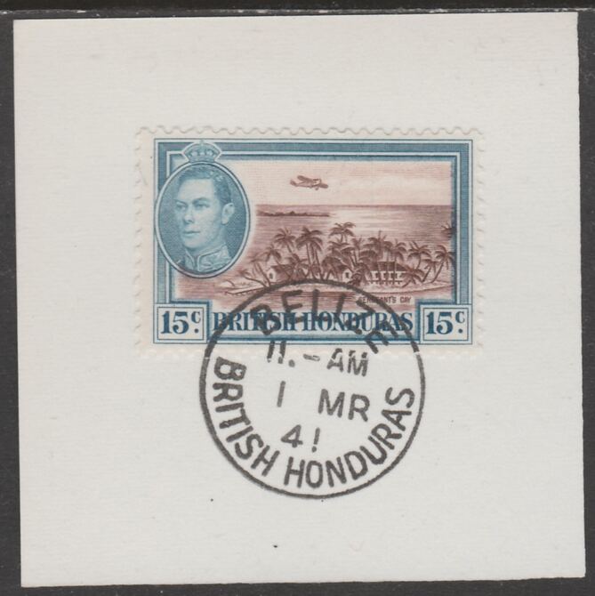 British Honduras 1938 KG6 15c pictorial def on piece cancelled with full strike of Madame Joseph forged postmark type 77, stamps on , stamps on  stamps on , stamps on  stamps on  kg6 , stamps on  stamps on forgeries