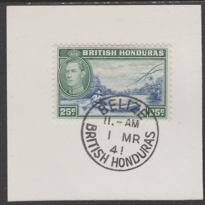British Honduras 1938 KG6 25c pictorial def on piece cancelled with full strike of Madame Joseph forged postmark type 77, stamps on , stamps on  kg6 , stamps on forgeries