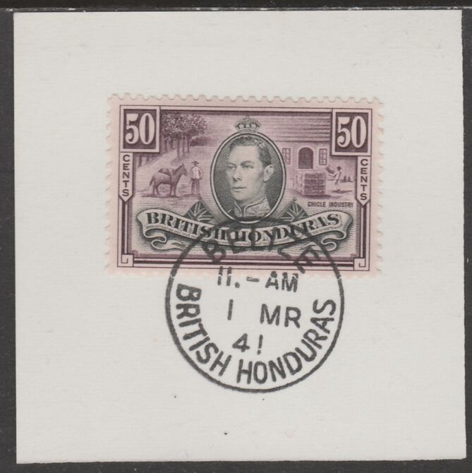 British Honduras 1938 KG6 50c pictorial def on piece cancelled with full strike of Madame Joseph forged postmark type 77, stamps on , stamps on  stamps on , stamps on  stamps on  kg6 , stamps on  stamps on forgeries