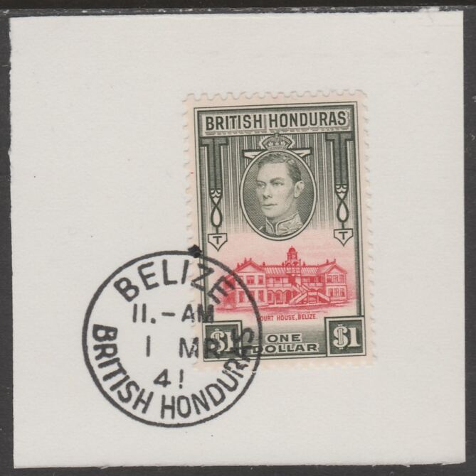 British Honduras 1938 KG6 $1 pictorial def on piece cancelled with full strike of Madame Joseph forged postmark type 77, stamps on , stamps on  stamps on , stamps on  stamps on  kg6 , stamps on  stamps on forgeries