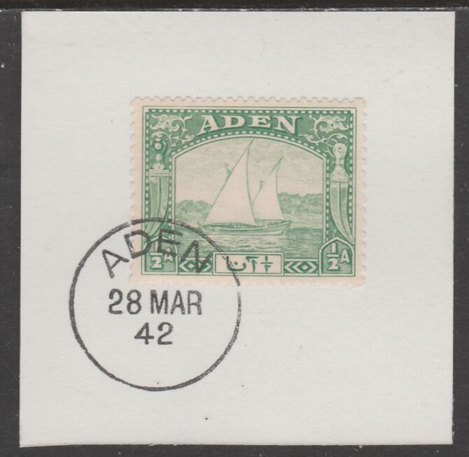 Aden 1937 Dhow 1/2a yellow-green on piece with full strike of Madame Joseph forged postmark type 3, stamps on , stamps on  stamps on , stamps on  stamps on  kg6 , stamps on  stamps on forgeries, stamps on  stamps on ships