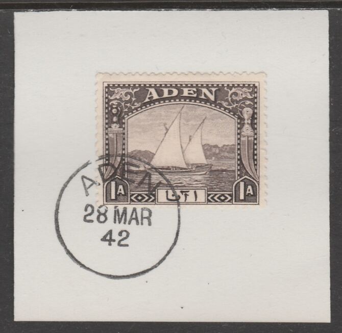 Aden 1937 Dhow 1a sepia on piece with full strike of Madame Joseph forged postmark type 3, stamps on , stamps on  kg6 , stamps on forgeries, stamps on ships