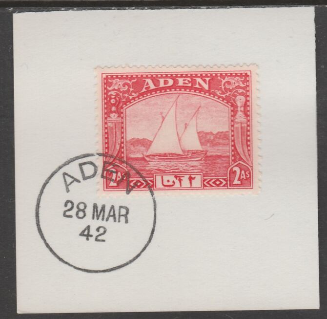 Aden 1937 Dhow 2a scarlet on piece with full strike of Madame Joseph forged postmark type 3, stamps on , stamps on  stamps on , stamps on  stamps on  kg6 , stamps on  stamps on forgeries, stamps on  stamps on ships