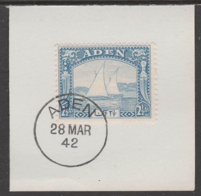 Aden 1937 Dhow 2.5a bright blue on piece with full strike of Madame Joseph forged postmark type 3, stamps on , stamps on  stamps on , stamps on  stamps on  kg6 , stamps on  stamps on forgeries, stamps on  stamps on ships