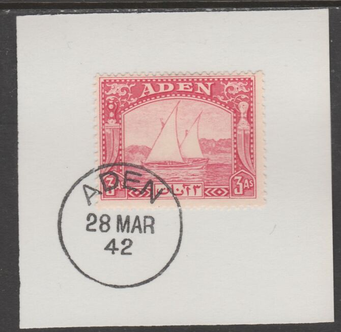 Aden 1937 Dhow 3a carmine on piece with full strike of Madame Joseph forged postmark type 3, stamps on , stamps on  kg6 , stamps on forgeries, stamps on ships