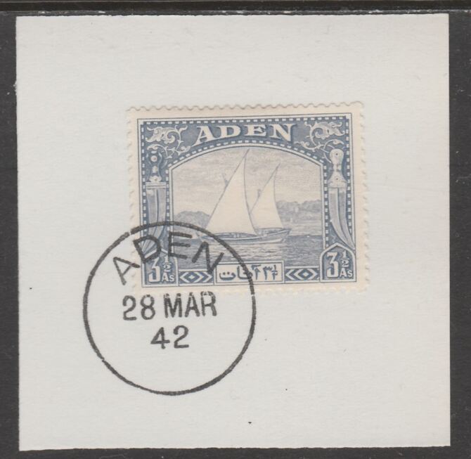 Aden 1937 Dhow 3.5a grey-blue on piece with full strike of Madame Joseph forged postmark type 3, stamps on , stamps on  stamps on , stamps on  stamps on  kg6 , stamps on  stamps on forgeries, stamps on  stamps on ships