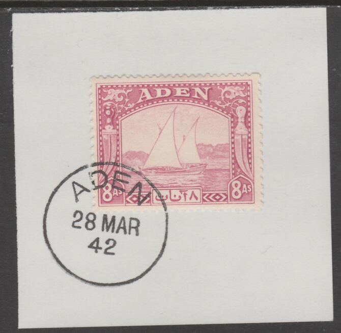 Aden 1937 Dhow 8a pale purple on piece with full strike of Madame Joseph forged postmark type 3, stamps on , stamps on  kg6 , stamps on forgeries, stamps on ships