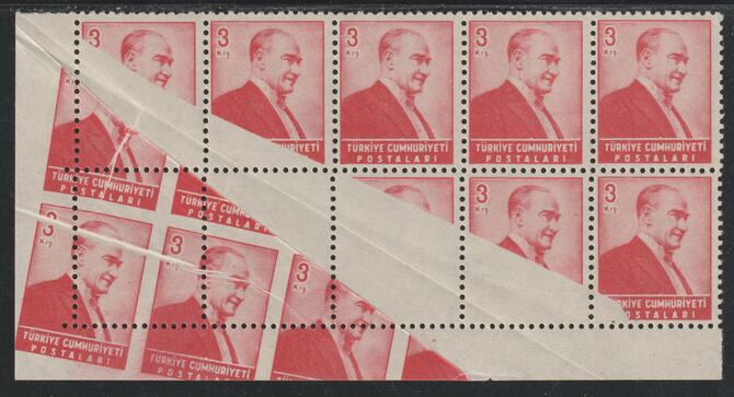 Turkey 1955 Ataturk 3kurus corner block of 10 with pre-printing paper fold straightened out before perforating. A most unusual error unmounted mint, stamps on , stamps on  stamps on 