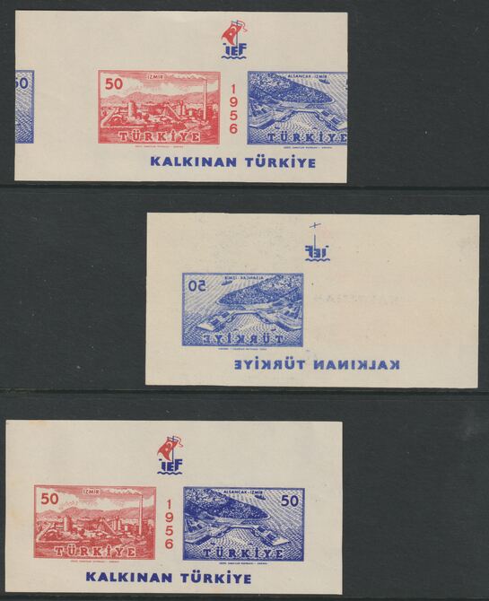 Turkey 1956  25th Ismir International Fair grop of 3 m/sheets comprising a) 100% off-set on gummed side b) miscut and c) normal. The normal has a few marks on the gummed side, the other two are unmounted mint, stamps on , stamps on  stamps on 