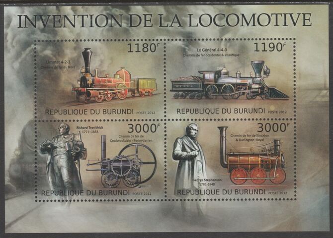 Burundi 2012 Invention of the Locomotive perf sheetlet containing 4 values unmounted mint., stamps on railways, stamps on transport