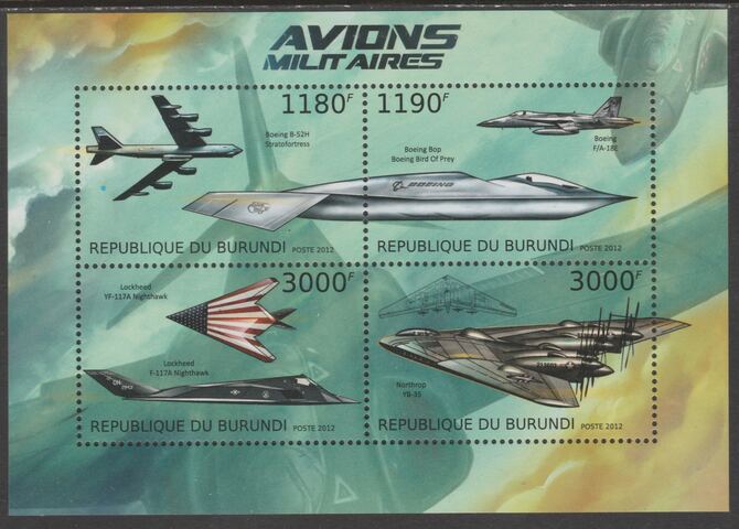 Burundi 2012 Military Aircraft perf sheetlet containing 4 values unmounted mint., stamps on aviation, stamps on transport